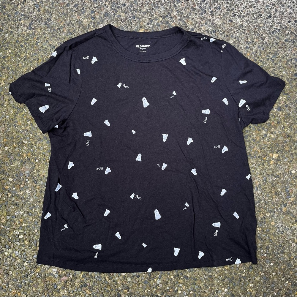Old Navy Black T-Shirt with White Ghost Pattern